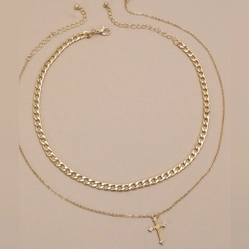 DOUBLE LAYER CROSS CHARM PENDANT NECKLACE gold plated set